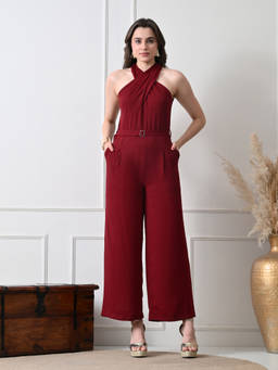 Ikonic Klaer - Women Burgundy Halter Neck Wide Leg Jumpsuit