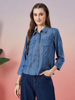 Latin Quarters - Blue Tencel Solid Denim Shirt