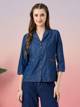 Latin Quarters - Blue Cotton Solid Denim Shirt