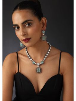 SWABHIMANN - Nissa Mint Victorian Polki Silver Blue Necklace with Earrings