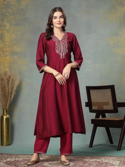 Nayam by lakshita - Solid Embroidered Silk Anarkali Kurta with Trouser and Dupatta (Set of 3)