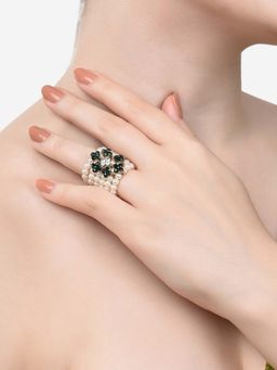 Zaveri Pearls - Green Austrian Diamonds Dazzling Elasticated Pearls Ring-ZPFK14697