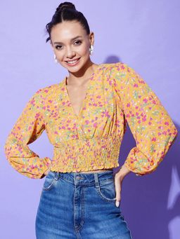 StyleStone - Womens Smocking Detail Yellow Floral Crop Top