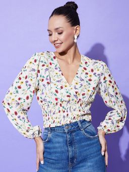 StyleStone - Womens Smocking Detail Cream Floral Crop Top