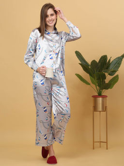 Sweet Dreams - Women Printed Front Open Pyjama with Shirt (Set of 2)