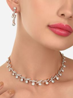 Zaveri Pearls - Rose Gold Cubic Zirconia Bling Necklace & Earring Set-ZPFK15229