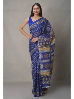 Unnati Silks - Blue Pure Block Printed Cotton Saree with Unstitched Blouse