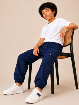 Purple United Kids - Boys Trousers in Navy Blue with Jogger Fit & Drawcord Waist
