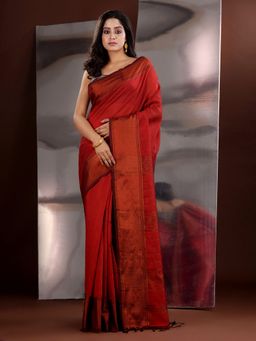 CHARUKRITI - Red Cotton Blend Zari Handwoven Saree with Unstitched Blouse