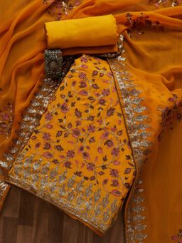 Koskii - Mustard Sequins Semi Crepe Unstitched Salwar Suit (Set of Three)