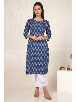 Soch - Womens Blue Cotton Botanical Print Kurta