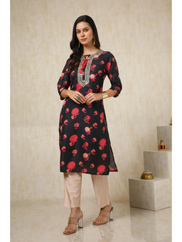 Soch - Womens Black Muslin Blend Floral Print Sequins Kurta