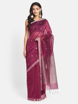 Fabindia - Wine Cotton Silk Chanderi Woven Saree without Blouse