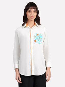 SKECHERS - Women Oversized Printed Shirt White Shirt