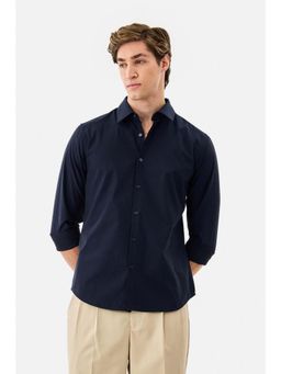 Snitch - Men Navy Blue Micro Textured Full Sleeves Slim Casual Luxe Shirt