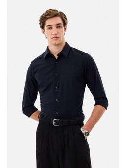 Snitch - Men Navy Blue Textured Full Sleeves Slim Formal Luxe Shirt