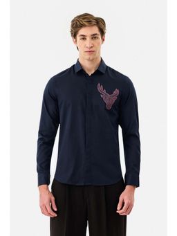 Snitch - Men Navy Blue Embroidery Full Sleeves Slim Shirt