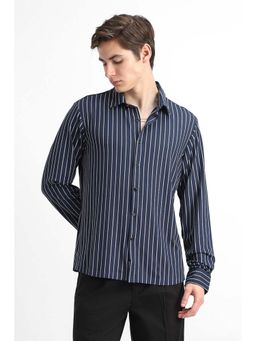 Snitch - Men Navy Blue Stripes Full Sleeves Regular Casual Shirt