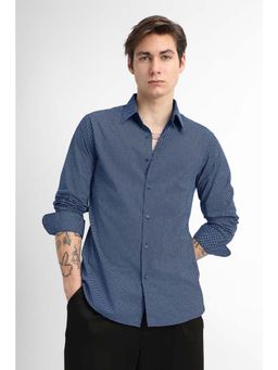 Snitch - Men Navy Blue Micro Printed Full Sleeves Slim Formal Shirt