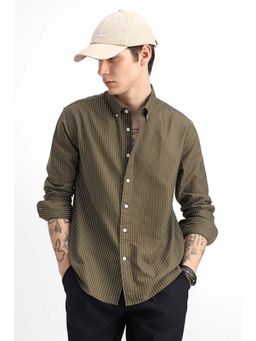Snitch - Men Olive Stripes Full Sleeves Regular Casual Shirt
