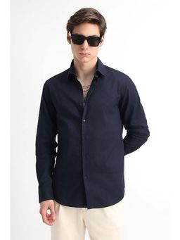 Snitch - Men Navy Blue Textured Full Sleeves Regular Casual Shirt