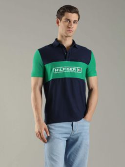 Tommy Hilfiger - Men Navy Blue Colorblocked Regular Fit Cotton Polo T-Shirt