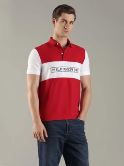 Tommy Hilfiger - Men Red Colorblocked Regular Fit Cotton Polo T-Shirt