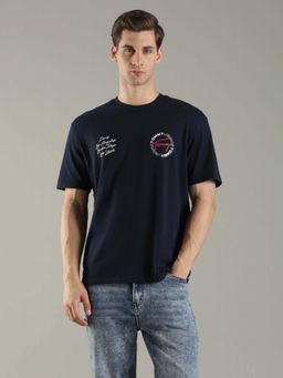 Tommy Hilfiger - Men Navy Blue Typography Relaxed Fit Cotton T-Shirt