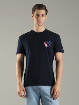 Tommy Hilfiger - Men Navy Blue Typography Regular Fit Cotton T-Shirt