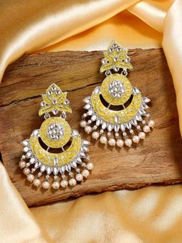 Estele - Rhodium Plated Traditional Yellow Meenakari Drop Earrings with Pearl for Women