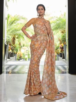 Odette - Beige Polyester Sequins Saree with Unstitched Blouse