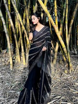 Odette - Black And Gold Georgette Sequin Saree with Blouse Piece