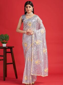 Odette - Grey Organza Sequins Saree with Unstitched Blouse
