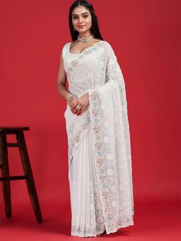 Odette - White Georgette Embroidered Saree with Unstitched Blouse