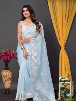 Odette - Blue Organza Embroidered Saree with Unstitched Blouse