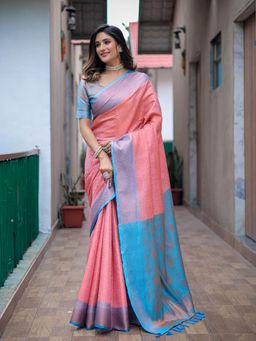 Odette - Pink Silk Blend Woven Saree with Unstitched Blouse