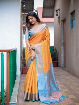 Odette - Yellow Silk Blend Woven Saree with Unstitched Blouse