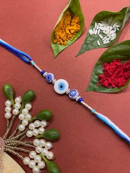 Digital Dress Room - Fancy Designer Rakhi White Evil Eye & Blue Beads Thread Rakhi for Brother