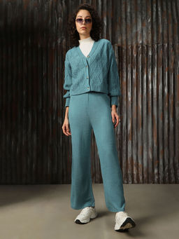 High Star - Blue Women Acrylic Knitted Regular Fit High-Rise Co-Ord (Set of 2)