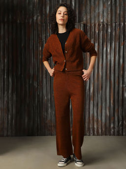 High Star - Brown Women Acrylic Knitted Regular Fit High-Rise Co-Ord (Set of 2)