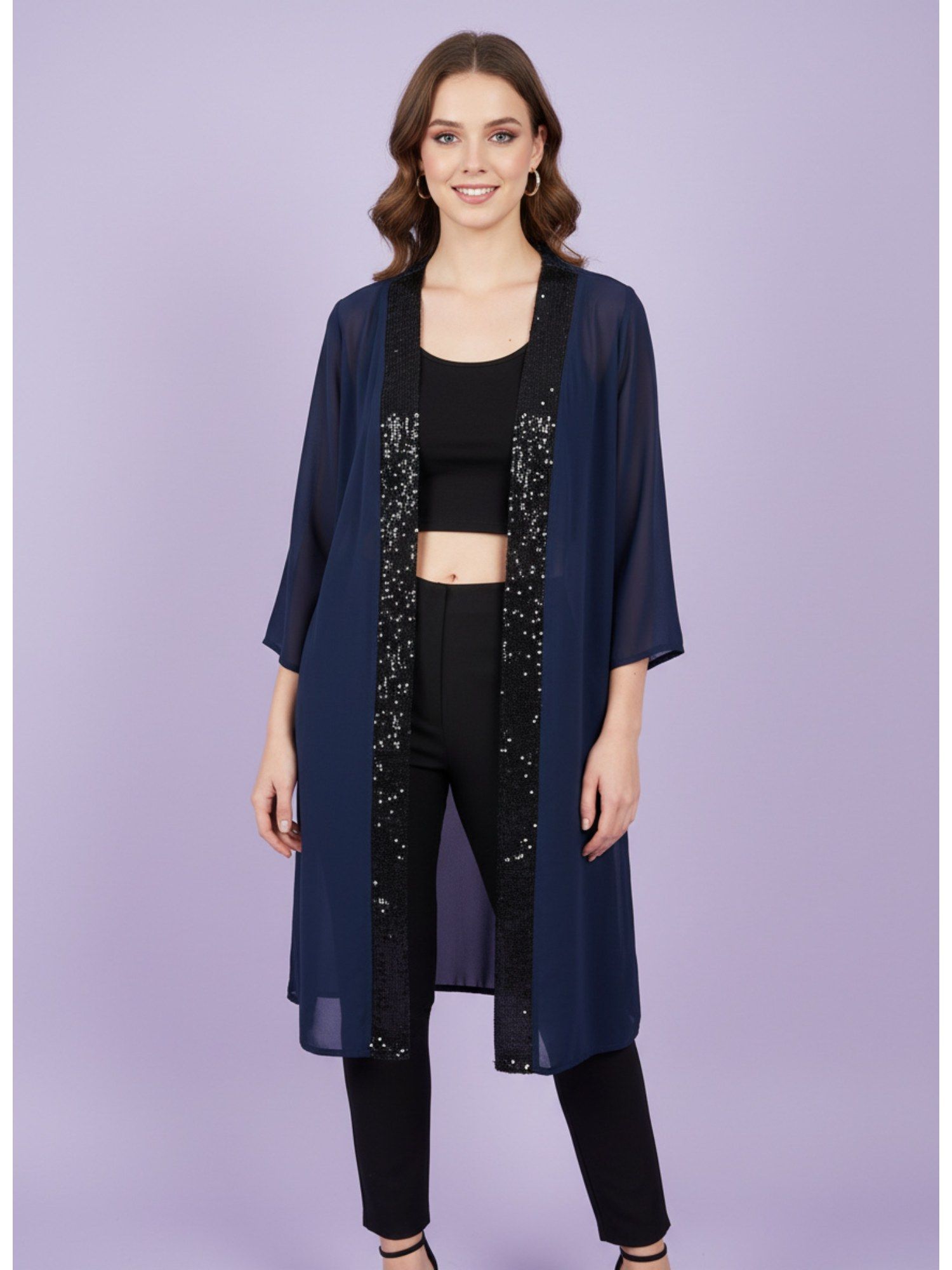 qurvii Navy Blue Open Front Solid Shrug-picture-29