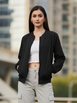 LEOTUDE - Black Mandarin Neck Solid Jacket