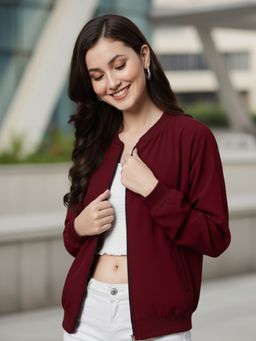 LEOTUDE - Maroon Mandarin Neck Solid Jacket