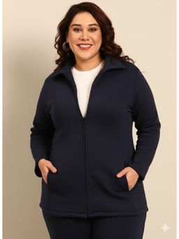 THE PINK MOON - Navy Blue Collar Neck Solid Jacket