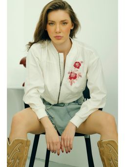 Virgio - Off White Round Neck Floral Jacket