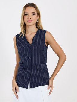 Styli - Women Pinstriped Waistcoat Top with Flap Detail