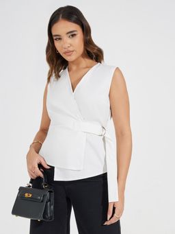 Styli - Women Solid V-Neck Sleeveless Wrap Top with Buckle Detail