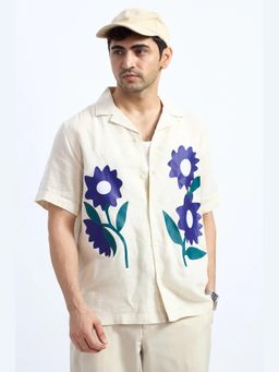 XKIND - White Linen Blend Printed Cuban Shirt