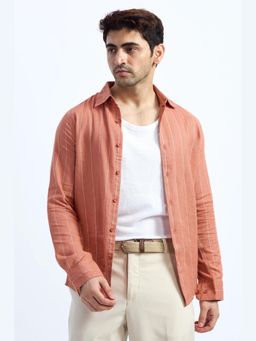 XKIND - Orange Pinstripe Cotton Textured Shirt