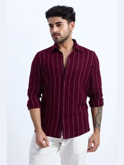 XKIND - Maroon Pinstripe Cotton Textured Shirt